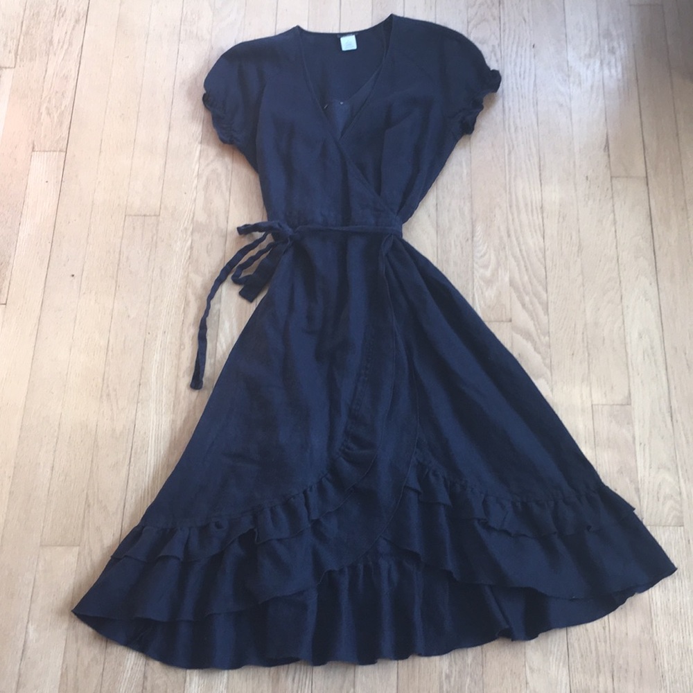 Navy blue, linen, wrap dress.